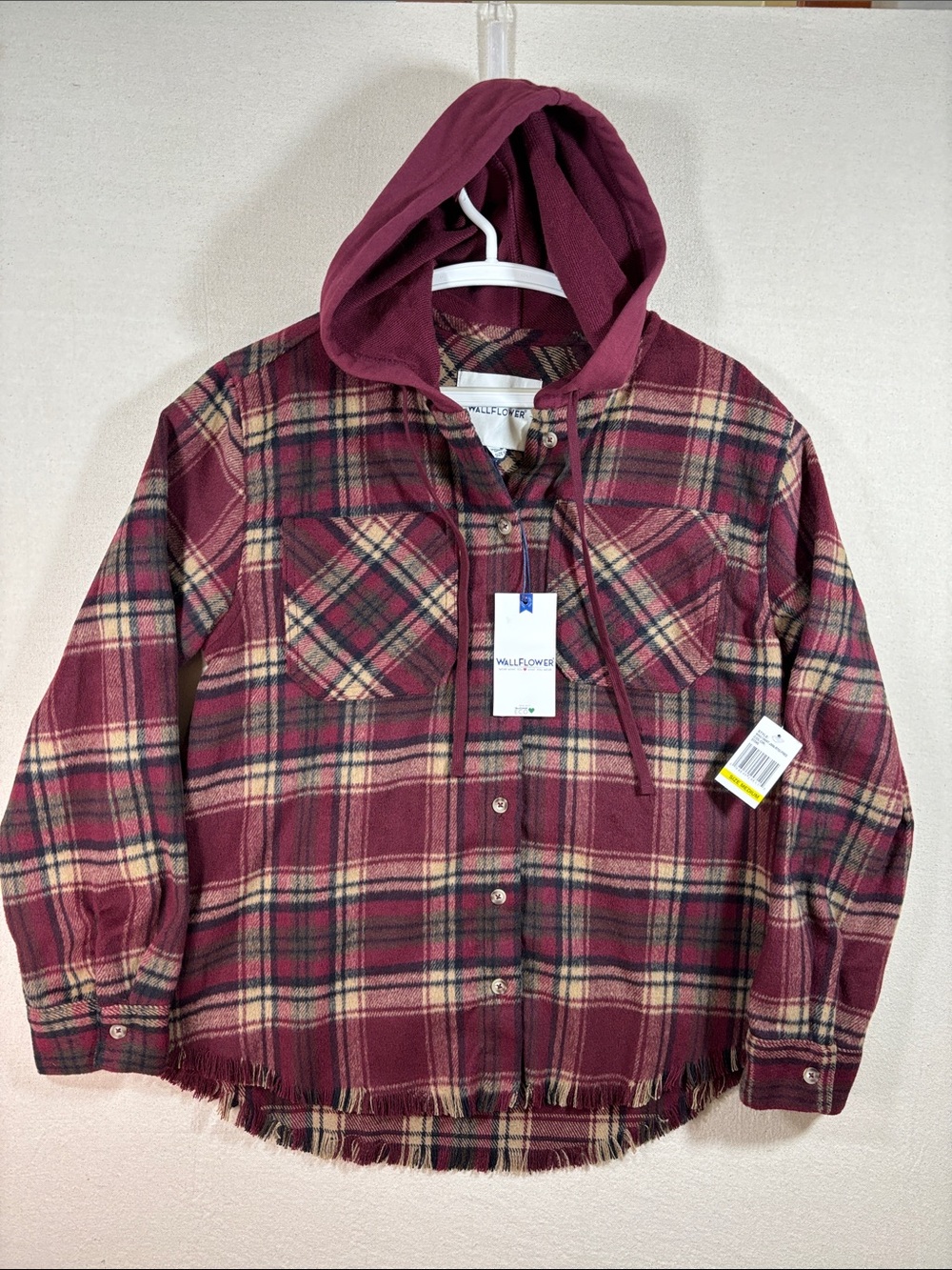 WallFlower Women’s Medium Plaid Hooded Flannel Shacket Burgundy NWT